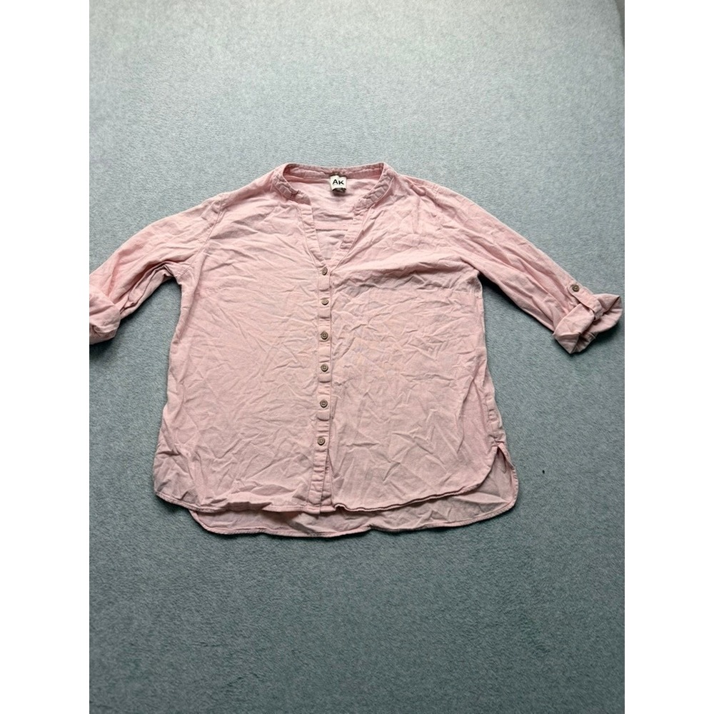 Anne Klein AK Womens Pink Linen Blend Button Down Roll Tab Sleeve Blouse L